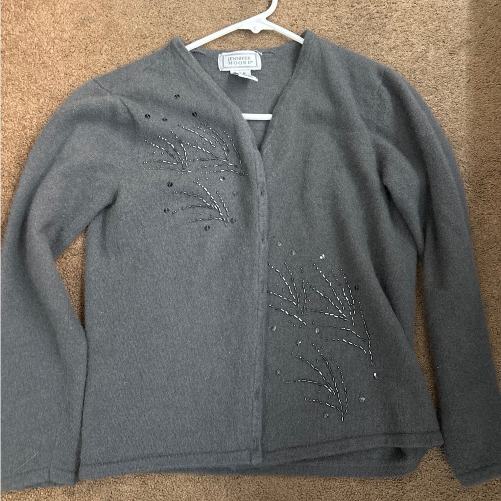 Jennifer Moore Gray Cardigan Sweater with Embellishments